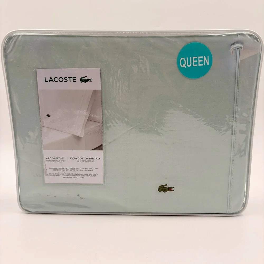 Lacoste Queen Sheet Set 4pc 100% Cotton Percale Pale Aqua Green New